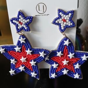Laura Janelle Beaded Red White Blue Patriotic Star Dangle 4th July Earrings NEW